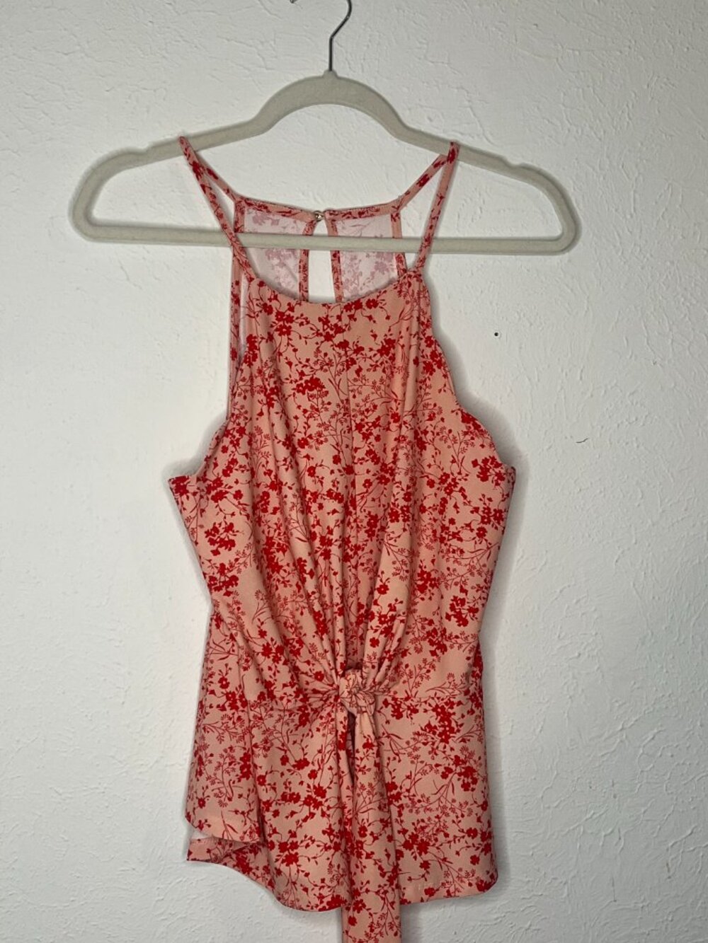 Woman's Meraki Pink Floral Peplum Top with Front Tie Stretchy Size Large